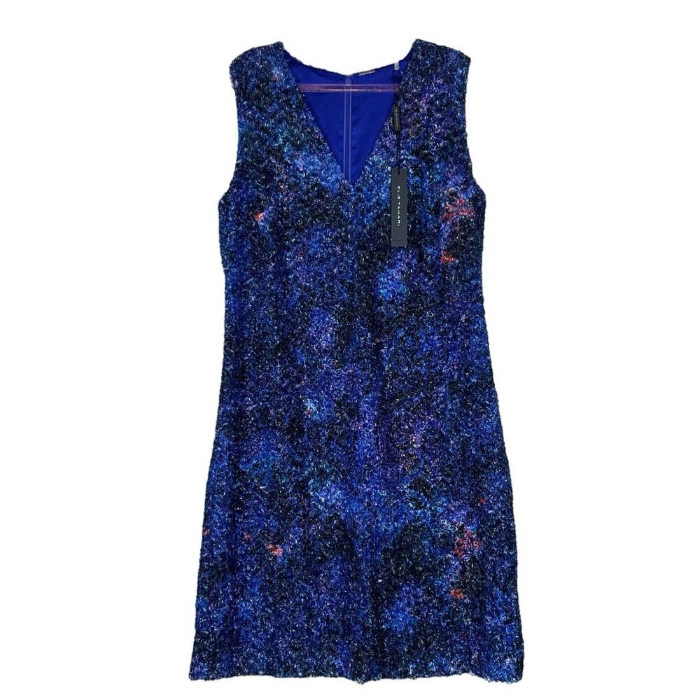 New Elie Tahari $698 Lyra Ostrich Feather Shimmer Dress Purple-Blue Black Size 2